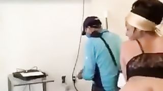 Girl Rides Dildo while Cable Guy is Working!