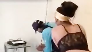 Girl Rides Dildo while Cable Guy is Working!