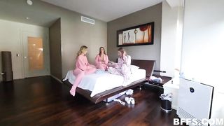 Three young lesbians, in pajamas are having lots of fun, in front of the webcam