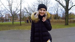 Cute teen swallows cum for cash