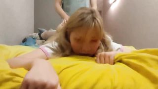 Passionate, amateur blonde gave a blowjob to her step- brother and got cum in mouth