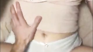 Busty, amateur brunette is spreading her legs wide open and getting fucked, in front of the camera