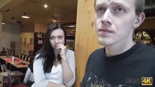 Amateur brunette is rubbing a horny stranger's dick and getting fucked in front of her boyfriend