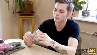 Adorable amateur girl likes the way her best friend is fisting her pussy, in the kitchen