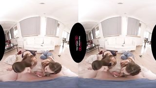 Two horny amateur babes are fucking a friend, after taking turns sucking his rock hard dick