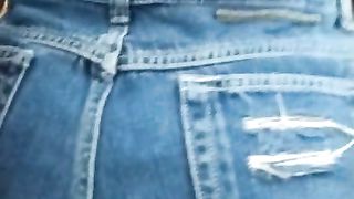 Young oiled Asian in buns and cut-out jean shorts riding white cock and creaming during webcam show.