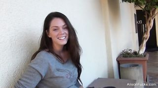 Sweet brunette porn star Alison is showing her very big tits, in front of the webcam