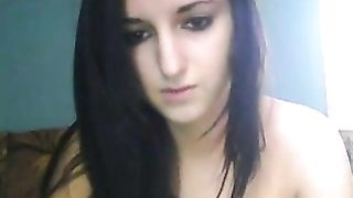 Cute brunette girl does a special webcam show for her boyfriend, fingering her shaved wet pussy